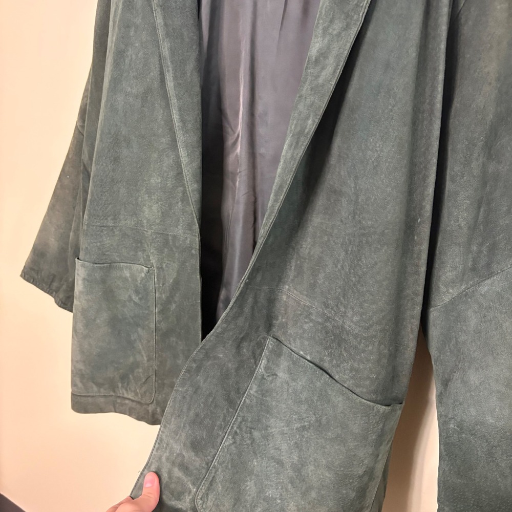 Vintage Evan Davies Suede Jacket Mens M Green Leather Coat Open Front 80s Retro - Picture 2 of 8